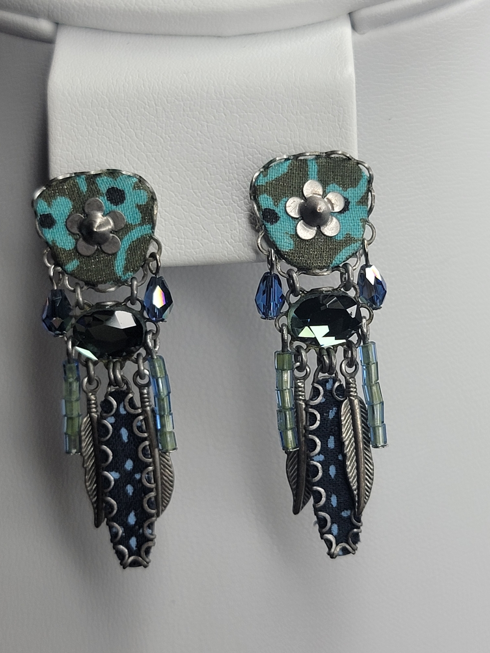 Ayala Bar Turquoise Blue Mixed-Media Drop Earrings With Feather & Fabric Accent